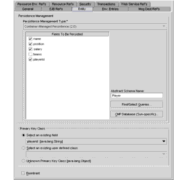 Entity Tab of PlayerBean