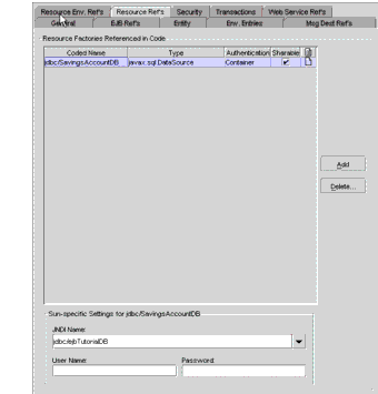 Resource Refs Tabbed Pane of SavingsAccountEJB