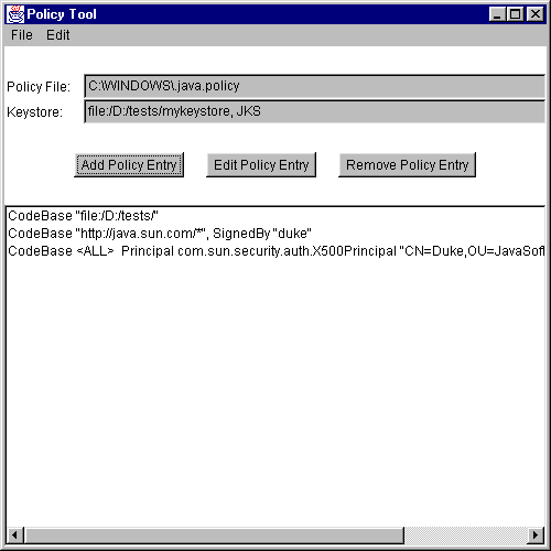 Policy Tool with Three Entries, Keystore, and Policy File Name