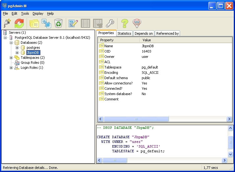 The PostgreSQL pgAdmin III tool after creating the JbpmDB database