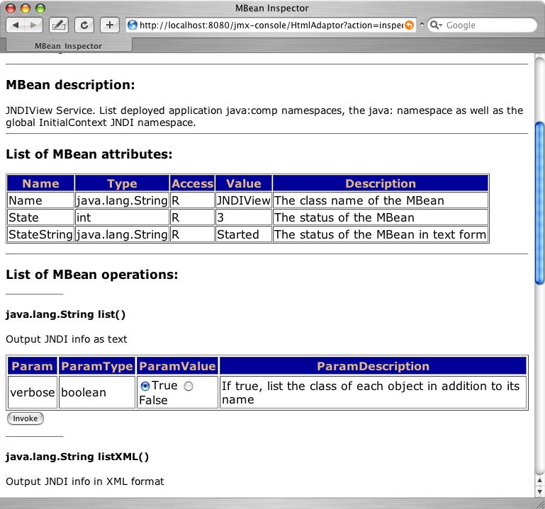 The JMX Console view of the JNDIView MBean