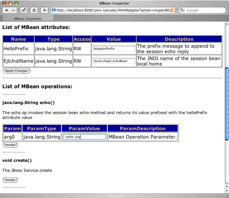 The EjbMBeanAdaptor MBean operations JMX console view