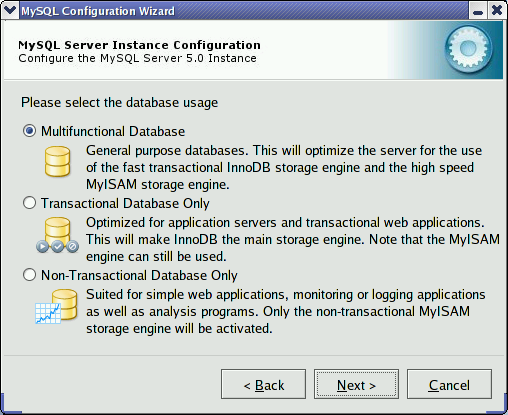 MySQL Server Configuration Wizard: Usage
        Dialog